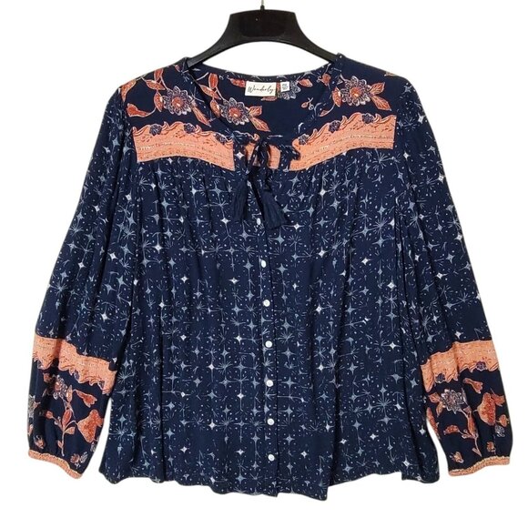 Wonderly Tops - Wonderly Shirt Womens XL Long Sleeve Button Up Keyhole Neck Tasseled Rayon